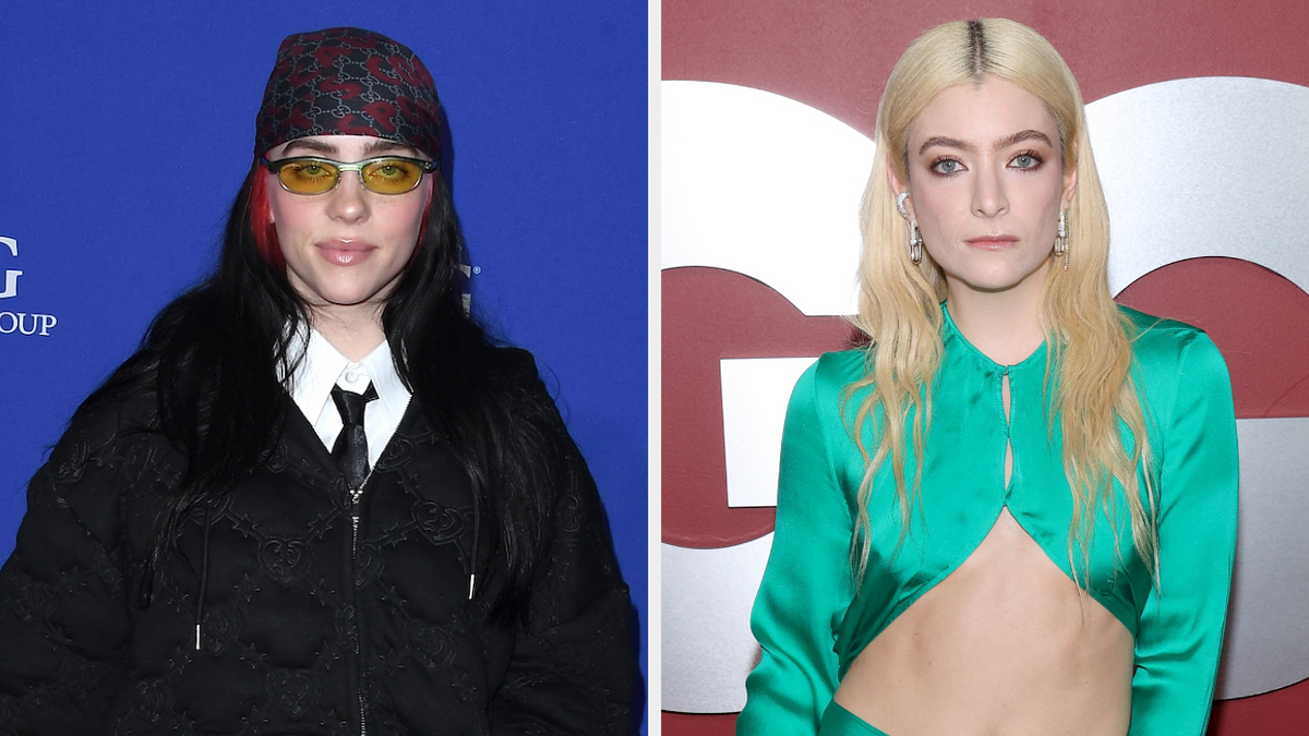 Two women posing separately; one in a black patterned outfit with hat, the other in a green top with cut-out. Both have long hair