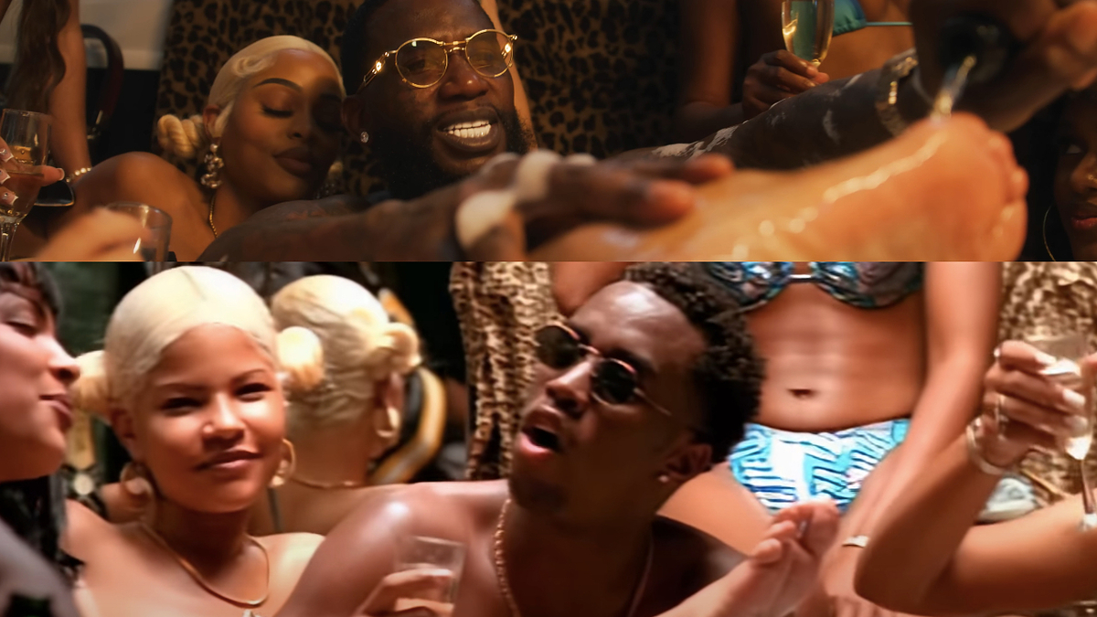 Two scenes from a music video with a male artist and women celebrating