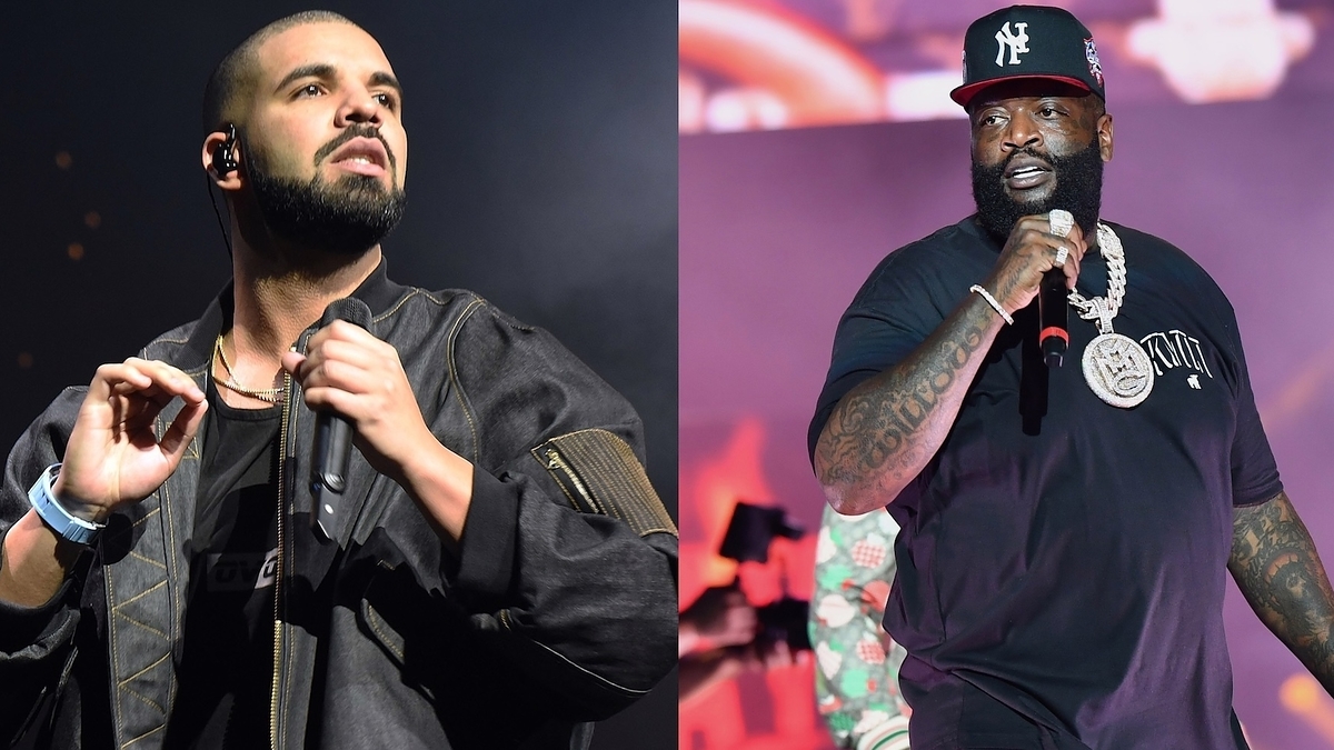 Drake on stage with a microphone, and Rick Ross performing, both in casual attire