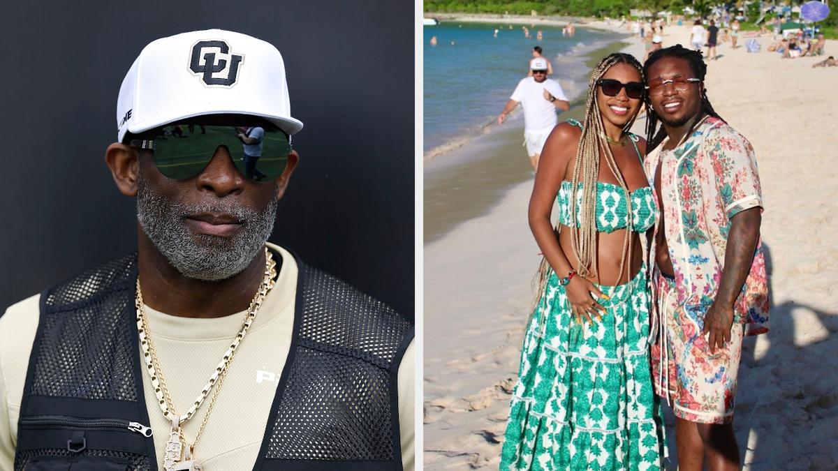 Two images: Left - man in a cap & sunglasses. Right - couple smiling on a beach