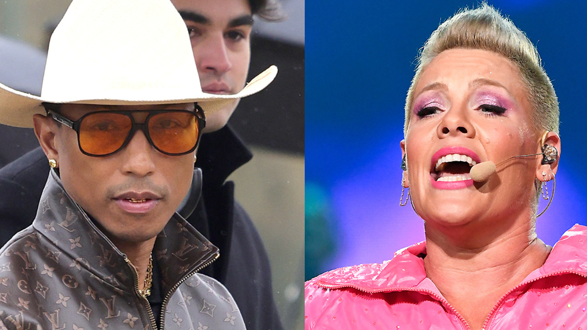 Pharrell Williams in a cowboy hat and jacket, Pink performing onstage with a headset microphone