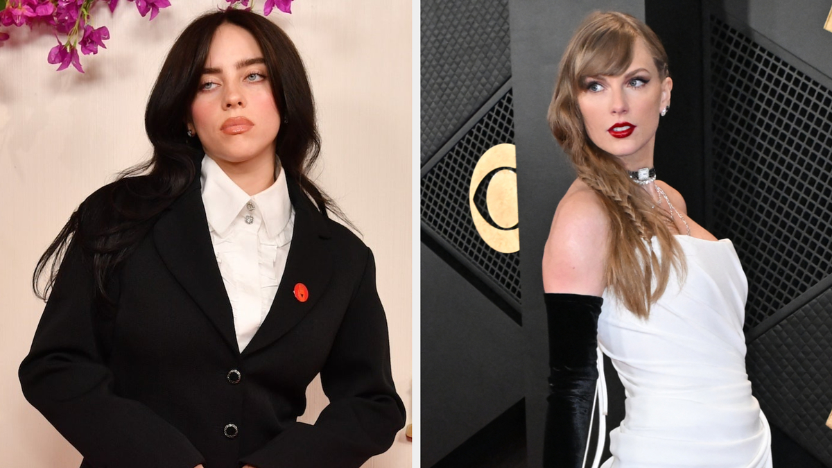 Billie Eilish in a black layered outfit and Taylor Swift in a white dress with black gloves at an event