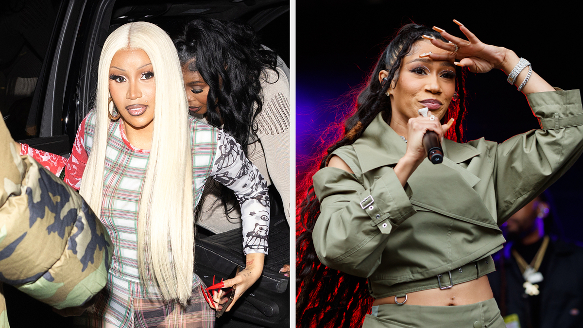 Two separate events; Cardi B stepping out of a car, BIA performing with a microphone