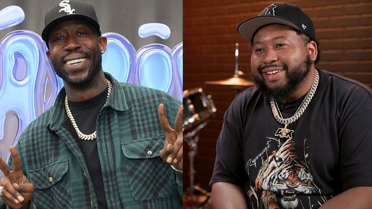 Left: Man in plaid shirt over black tee, smiling with peace signs. Right: Man in graphic tee, smiling with a chain necklace