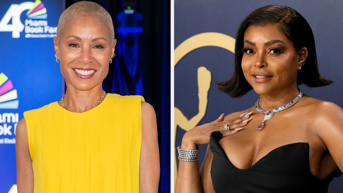 Jada Pinkett Smith in a yellow sleeveless top. Taraji P. Henson in black off-shoulder attire with a necklace