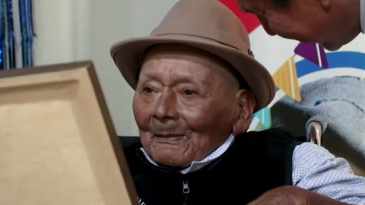 Elderly person with a fedora looking at a painting being shown by another individual
