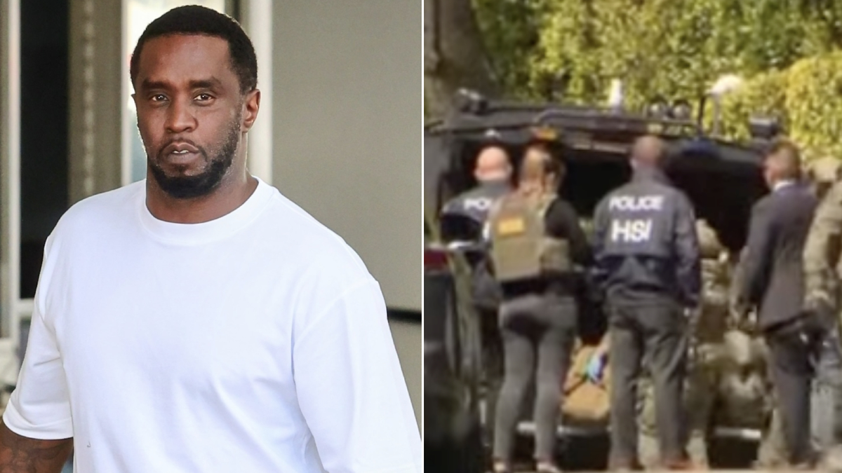 Diddy in a casual white tee; second scene shows police in tactical gear near a vehicle
