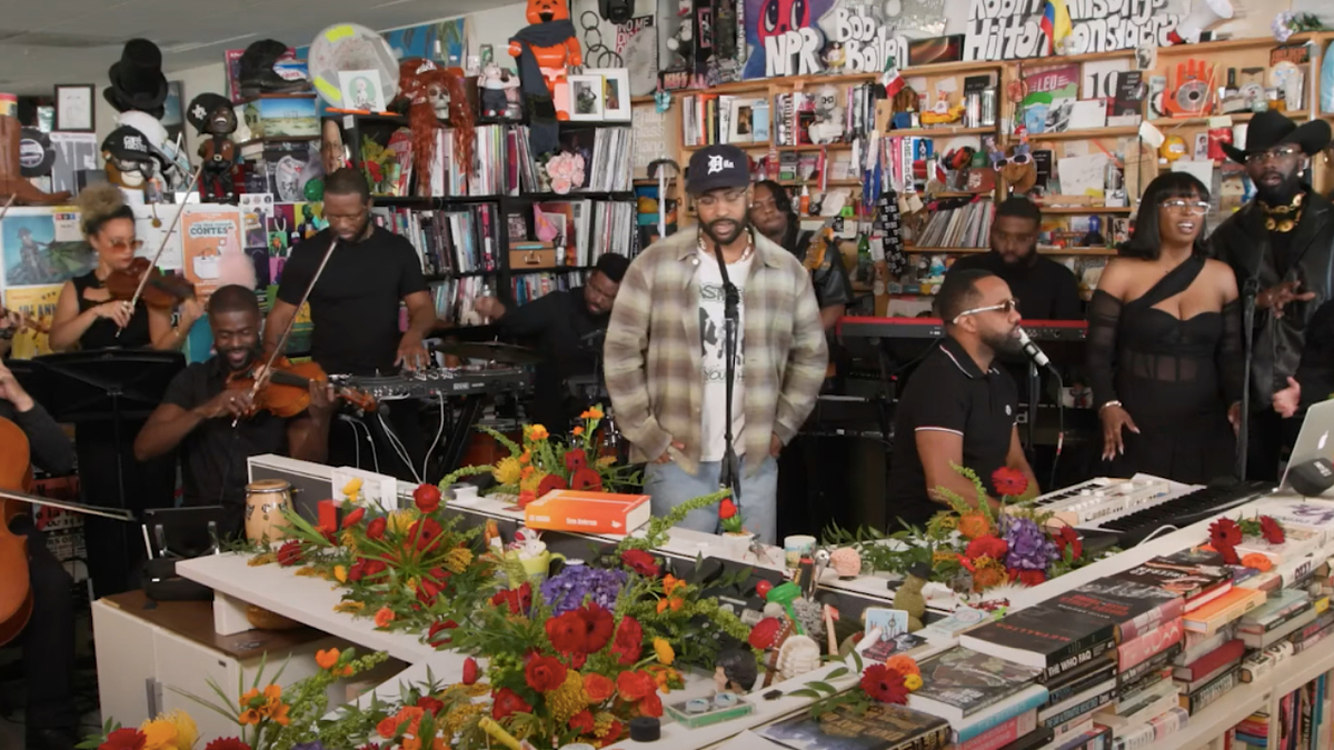 Musicians performing in a record store with instruments, surrounded by vibrant flowers and shelves of records