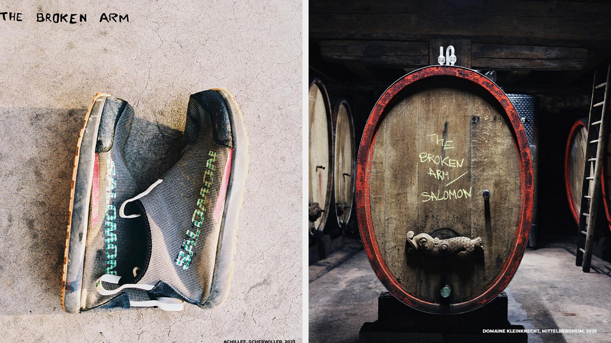 A sneaker with plants growing in it on the left and a wine barrel with a sheep figurine on it on the right, both with "The Broken Arm" text