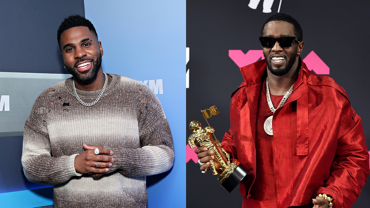Two men posing separately; one in a knitted sweater with jewelry, other holding a trophy and wearing a red jacket with jewelry
