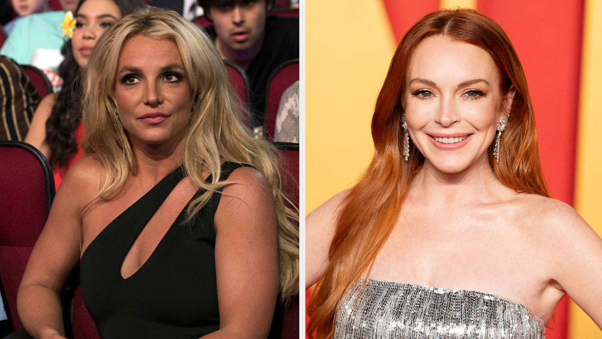 Britney Spears in a black outfit and Lindsay Lohan in a sparkling dress at separate events