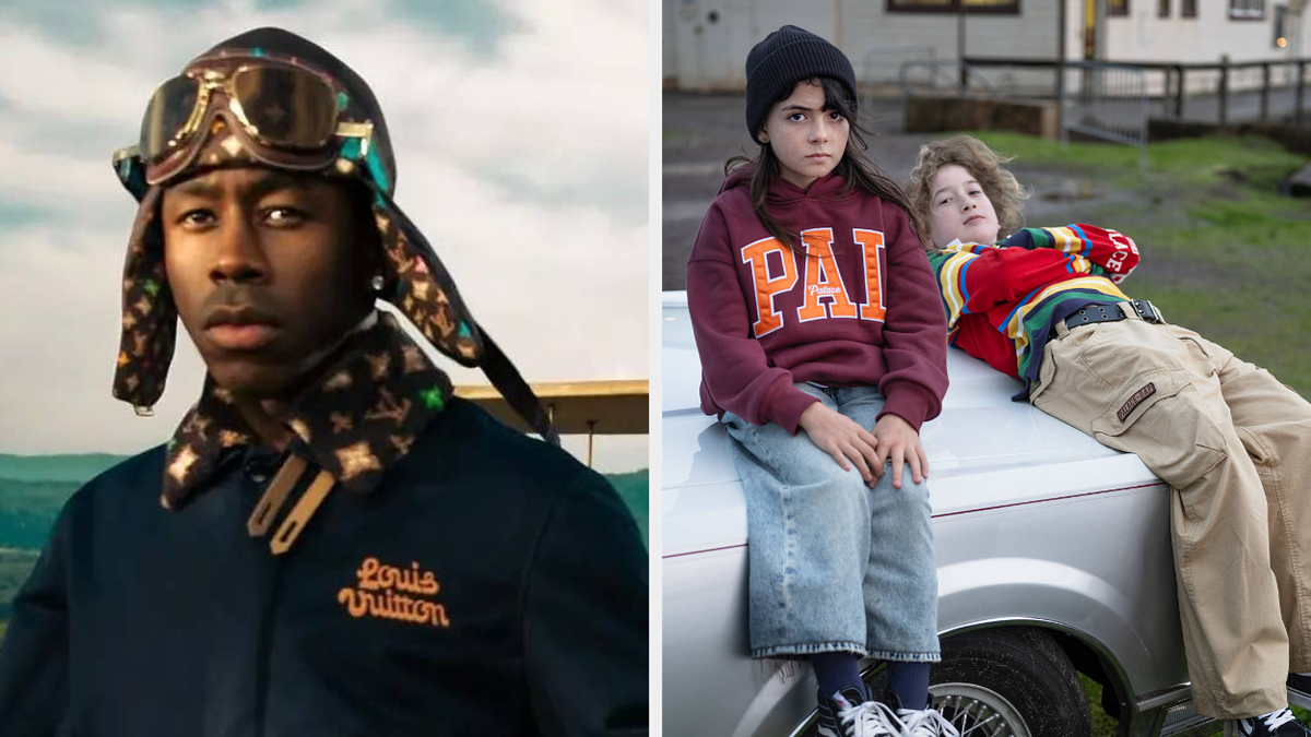 Left: Man in a pilot cap and Louis Vuitton jacket. Right: Two youths sit on a car wearing casual attire