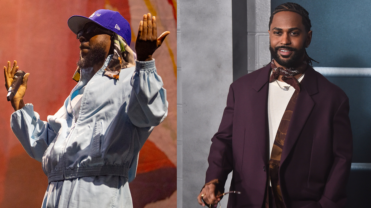 Two images side by side; on the left, a performer on stage in casual attire, and on the right, a man in a stylish suit with a scarf