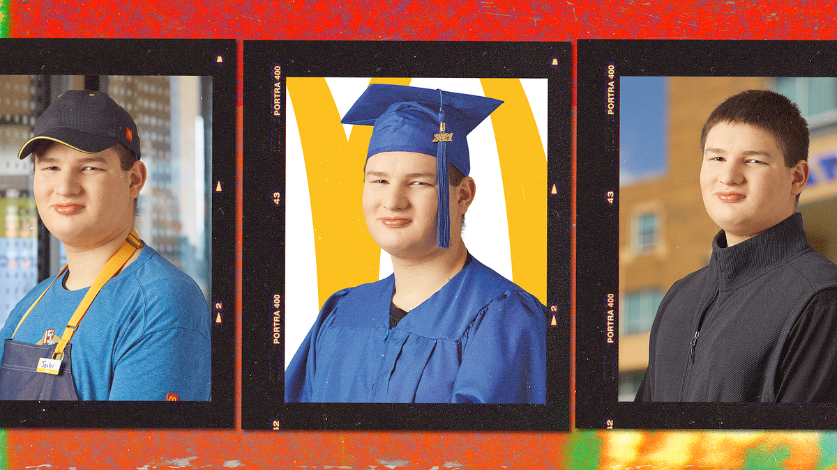 Three portraits of a young man: left in work attire with cap, middle in graduation cap and gown, right in formal black outfit
