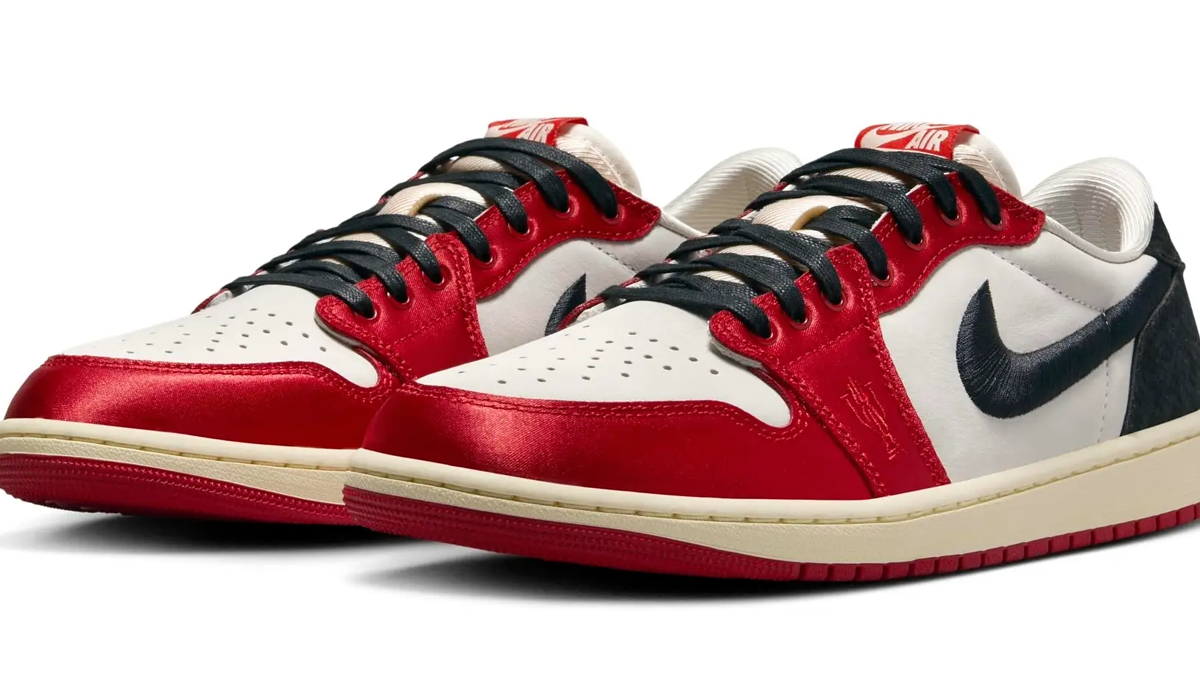 Nike Air Jordan 1 sneakers with red, white, and black design