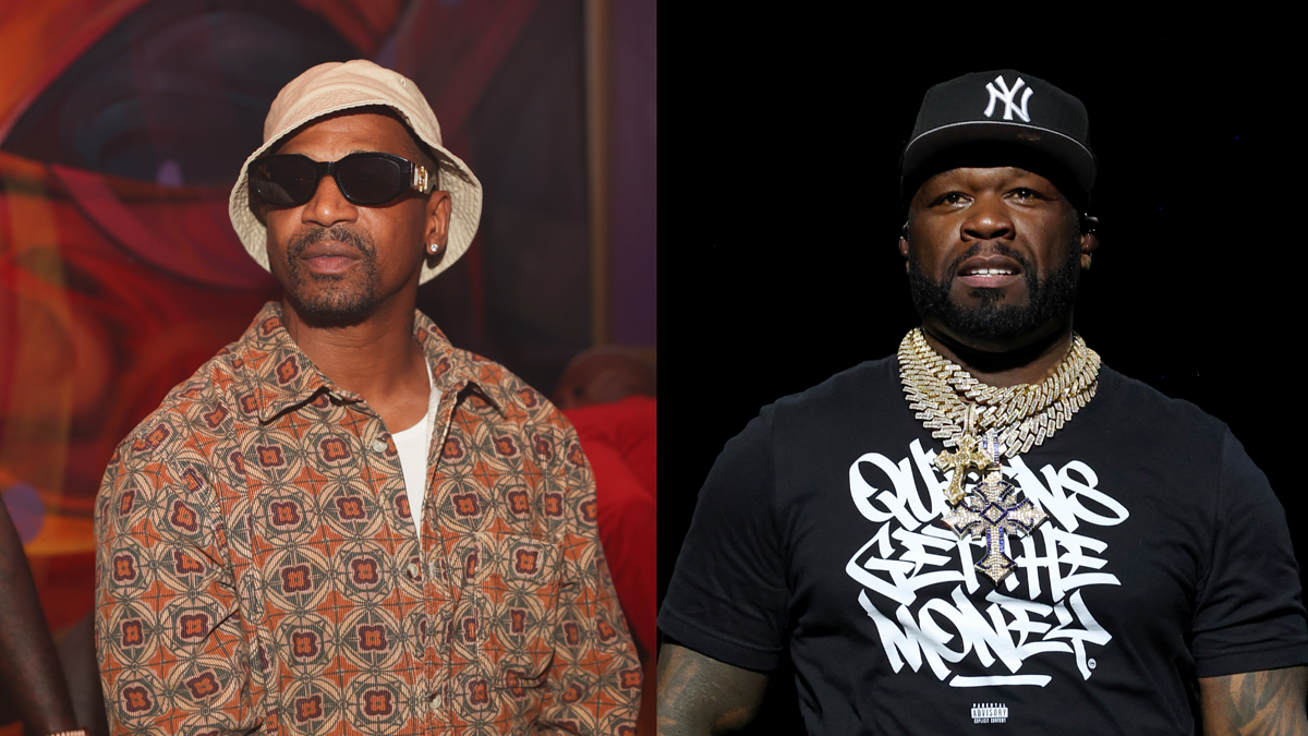 Two male artists pose separately; one wears a patterned shirt and bucket hat, the other a graphic tee with a cap and chain necklaces
