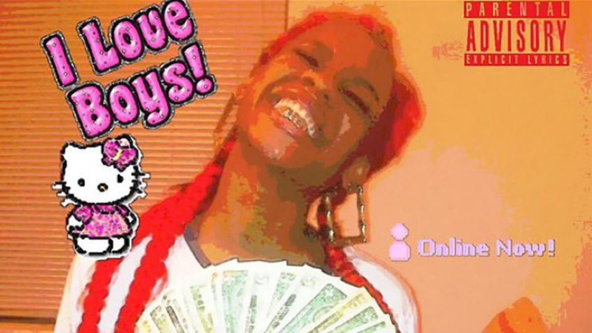 Album cover with text "I Love Boys!" and "Online Now!!", featuring a cartoon cat, and a person holding money, smiling