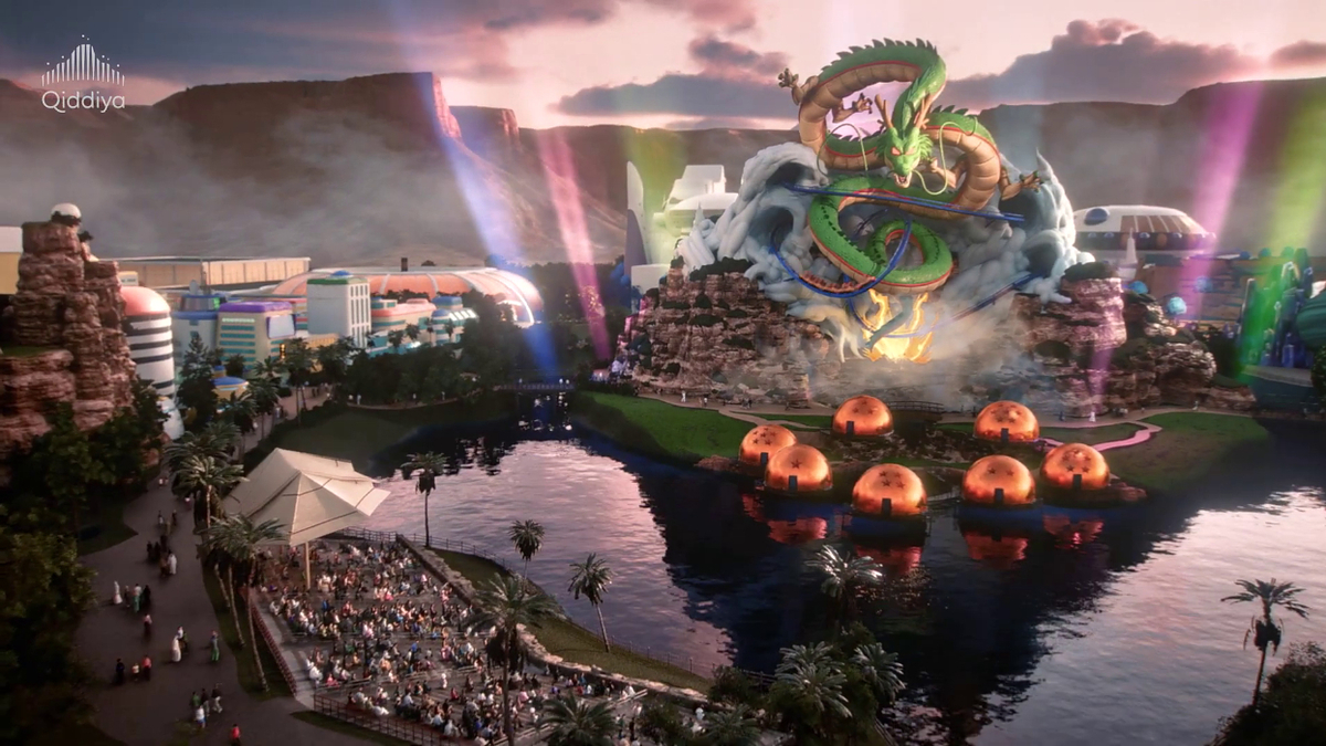 A conceptual artwork of a Dragon Ball theme park with a large Eternal Dragon atop a fountain, surrounded by attractions and crowds