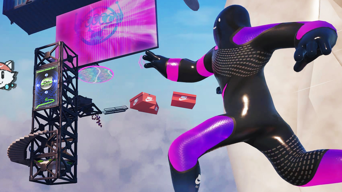 Animated characters performing parkour in a futuristic city to showcase sneakers with glowing elements