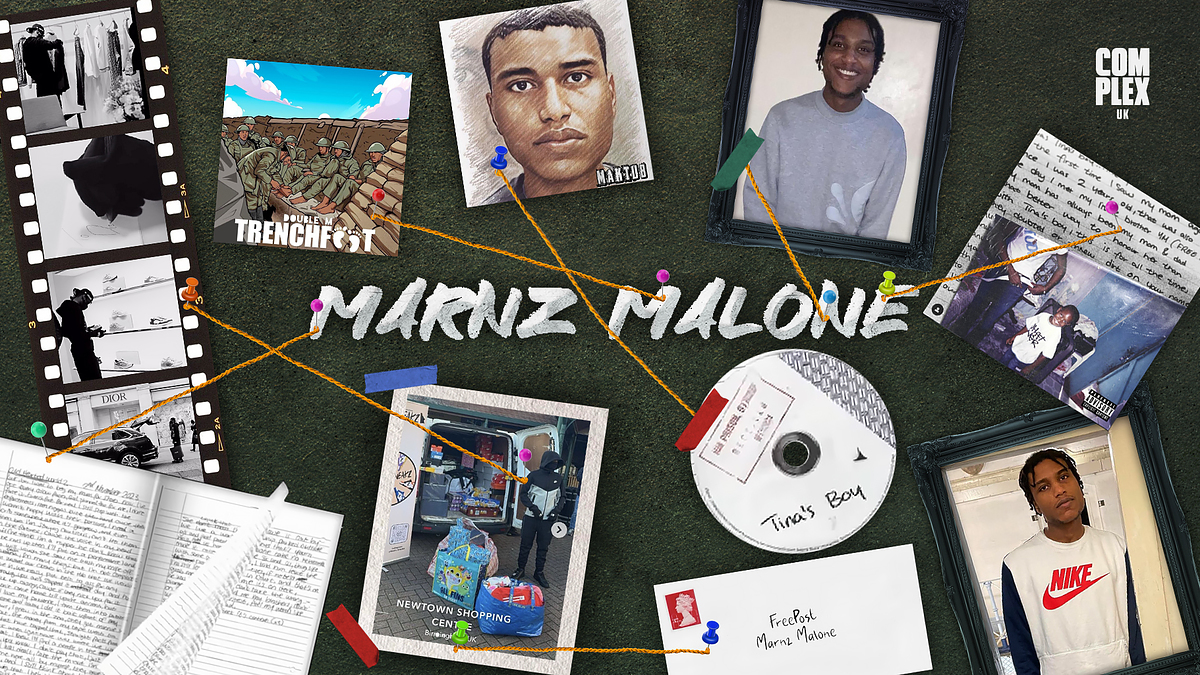 Collage of various music-related items featuring artist Maniz Malone, including album covers, photos, and handwritten notes