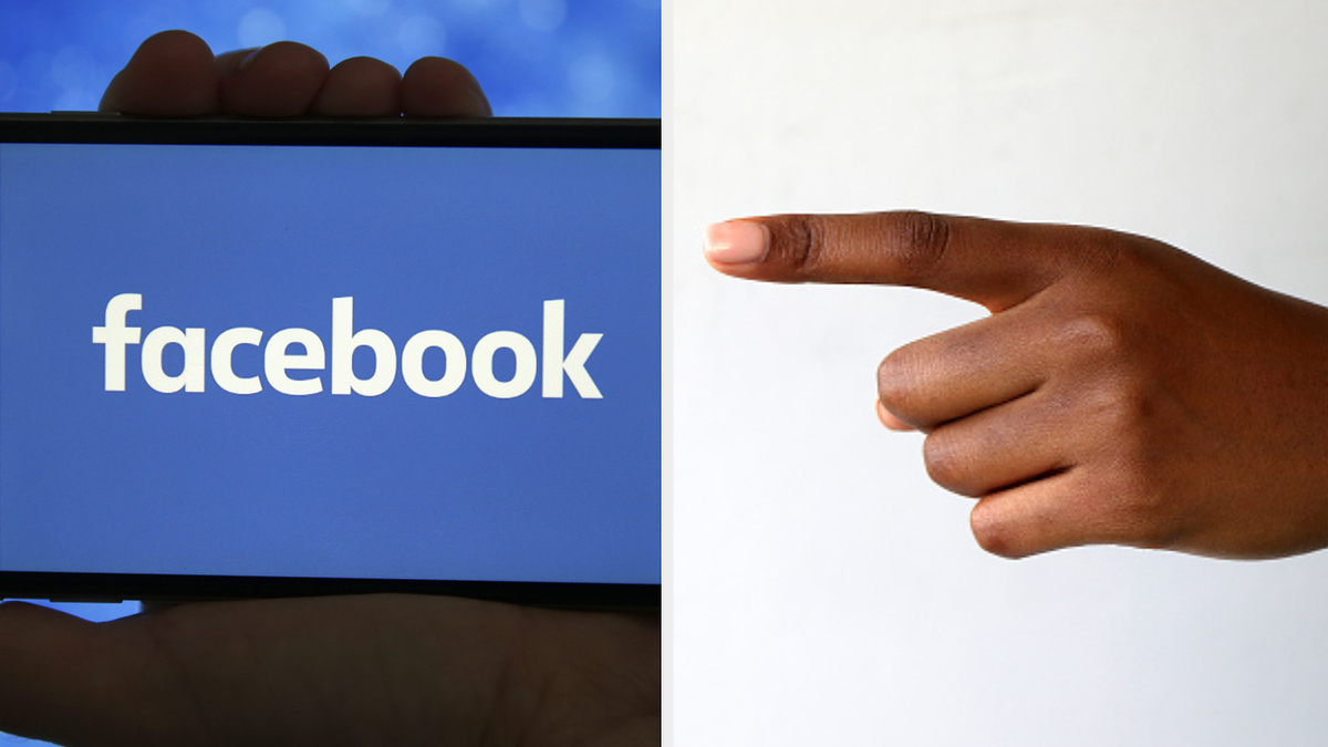 Split image with Facebook logo on a screen and a person pointing right