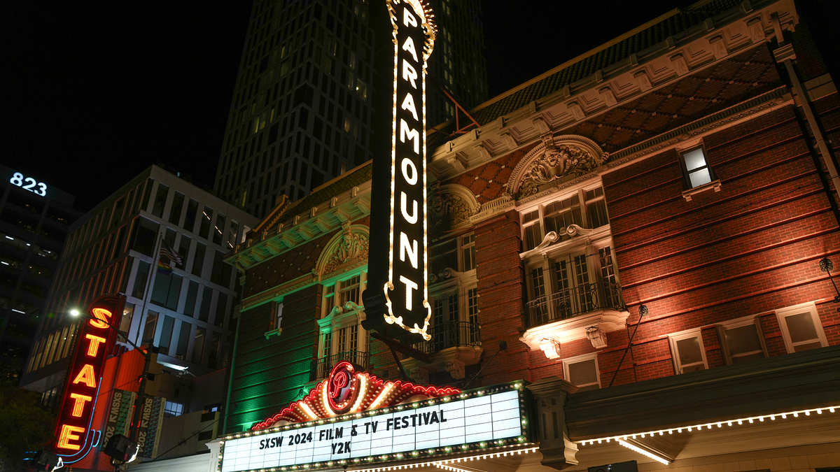 Marquee of the Paramount Theatre lit up at night for the SXSW Film & TV Festival