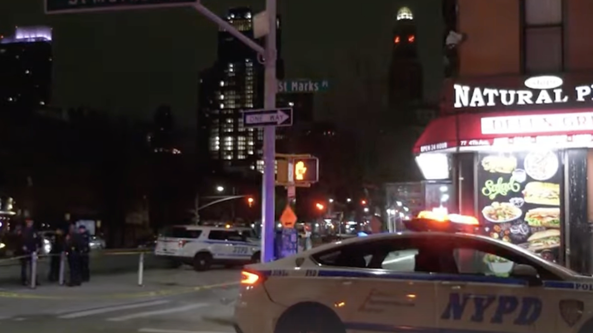 NYPD car in front of Natural Plus Deli on a street corner at night, city lights and buildings in the background