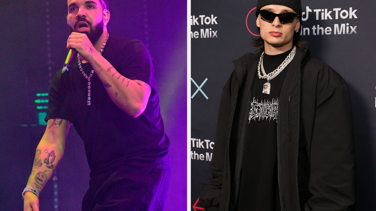 Two images: Left, Post Malone performing on stage. Right, Dominic Fike in a layered outfit at an event