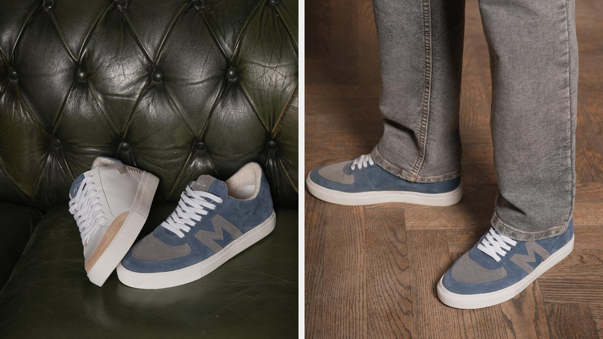 Two images: left shows a pair of blue sneakers on a green couch, right shows someone wearing similar shoes standing