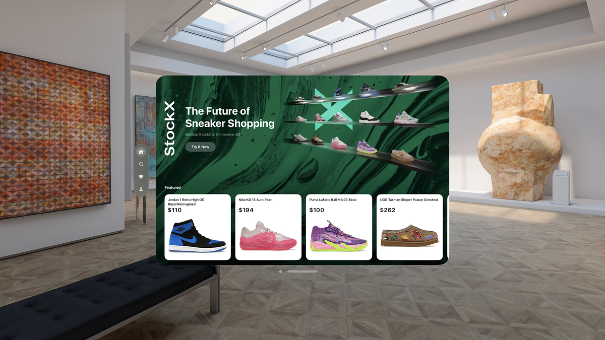 Advertisement of various sneakers with prices displayed on a large screen in a modern gallery setting