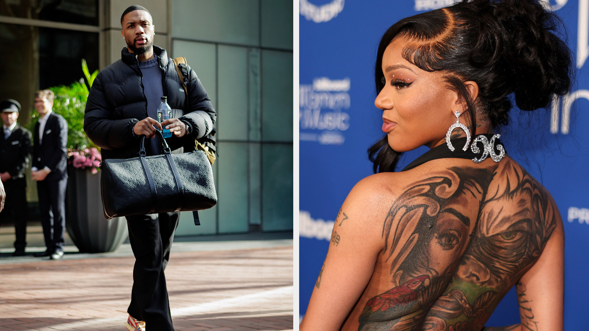 Two separate images: left shows a man in a puffer jacket carrying a bag; right is a woman with an updo and detailed tattoo work on her back