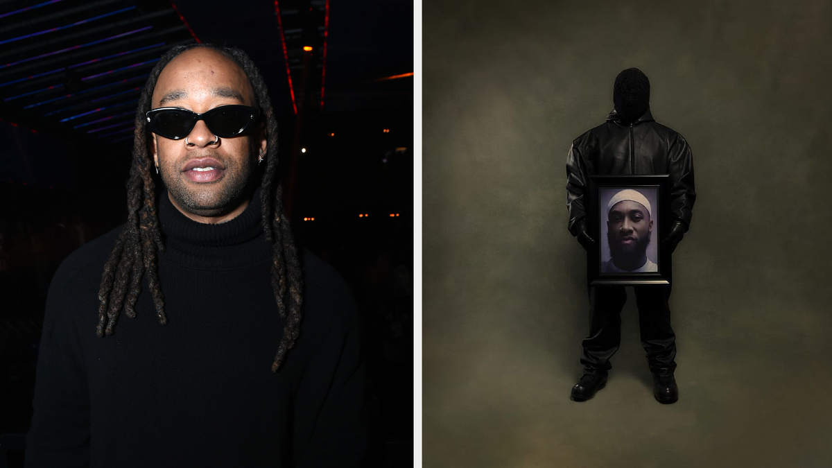 Ty Dolla Sign at an event wearing sunglasses and black attire, second person holds an album with a framed portrait