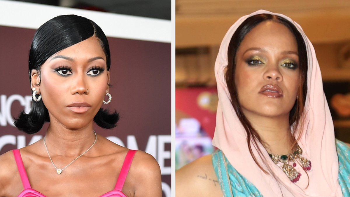 Two side-by-side photos: Left, person with sleek hair and strapless top; right, person in a bejeweled headscarf and shimmery outfit