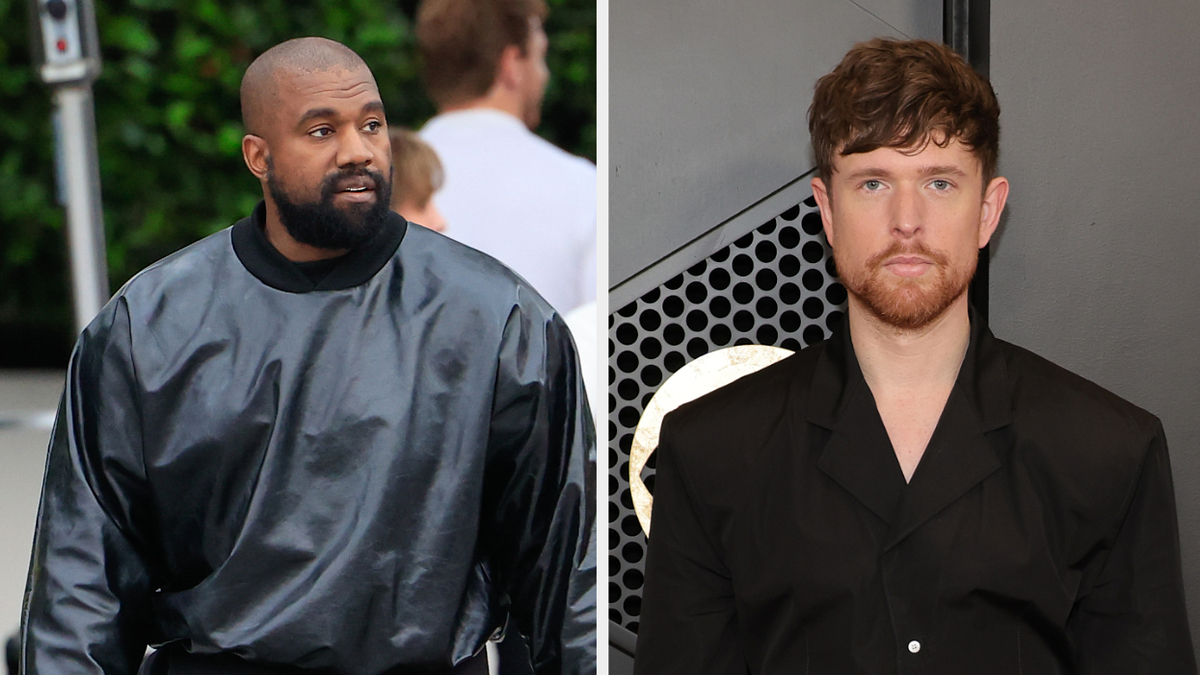 Kanye West in a black oversized shirt and James Blake in a black suit, split image at a music event