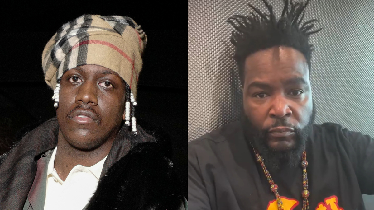 Split image: Left, a man in a plaid hat and fur coat; right, a man with spiked hair and a beaded necklace