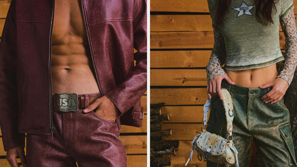 Two models in a split image, one in a cropped jacket, the other in a star-printed top and belted trousers, with a patterned bag