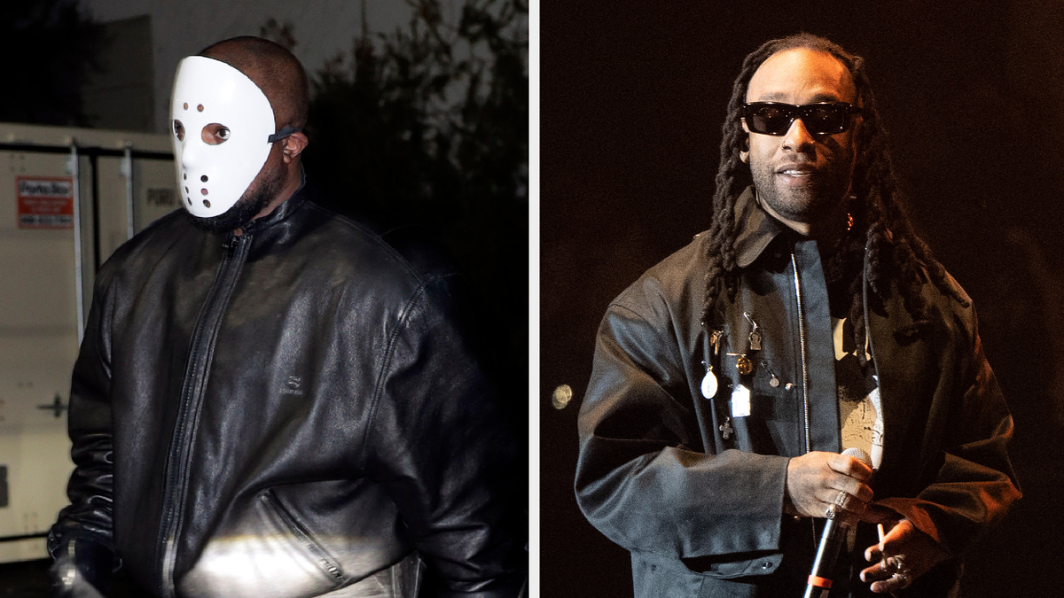 Two separate images: Left shows Kanye West in a hockey mask and jacket, right shows Ty Dolla Sign onstage with sunglasses and dreadlocks