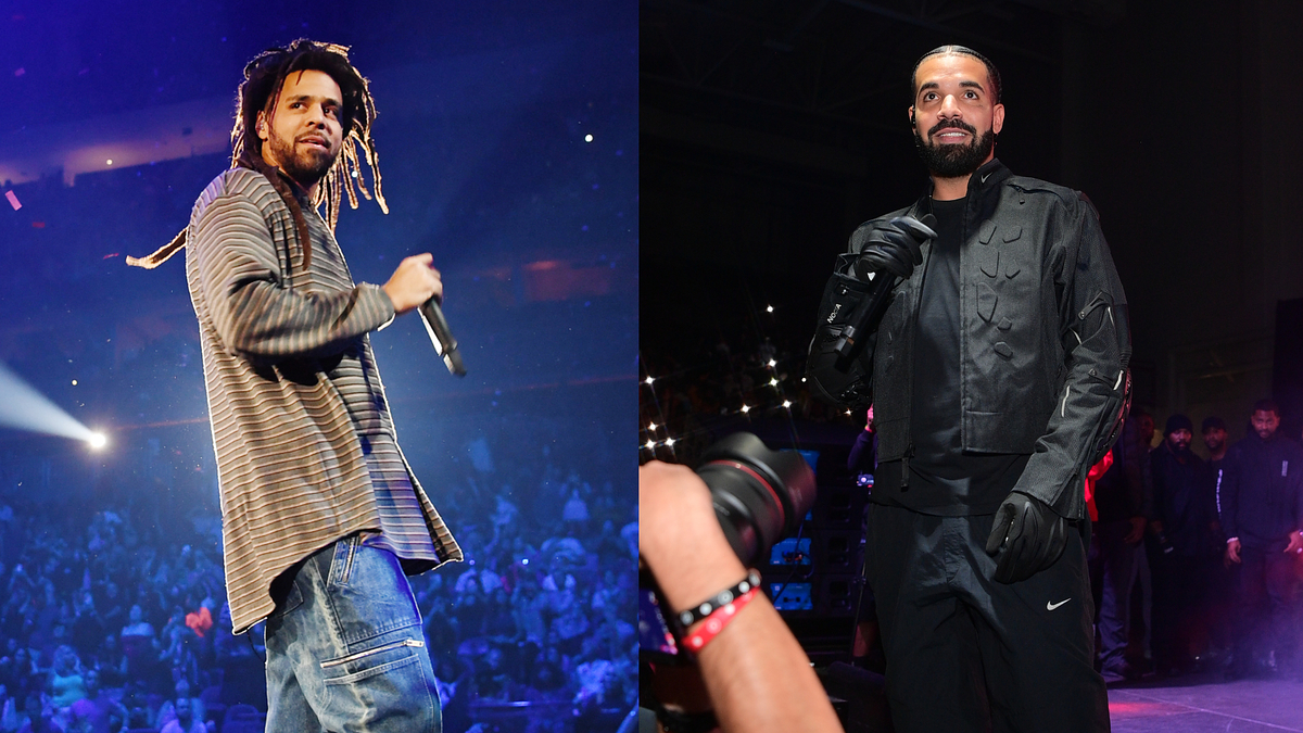 j cole and drake are pictured performing