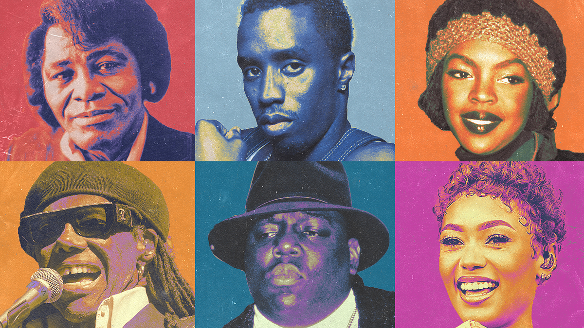 Pop art collage of James Brown, Sean Combs, Lauryn Hill, Stevie Wonder, The Notorious B.I.G., and a smiling woman in colorful backgrounds.