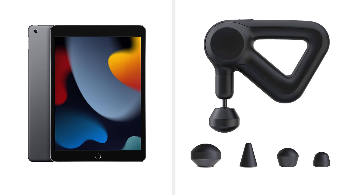 A tablet with a colorful screen on the left, and a black massage gun with four attachments on the right.