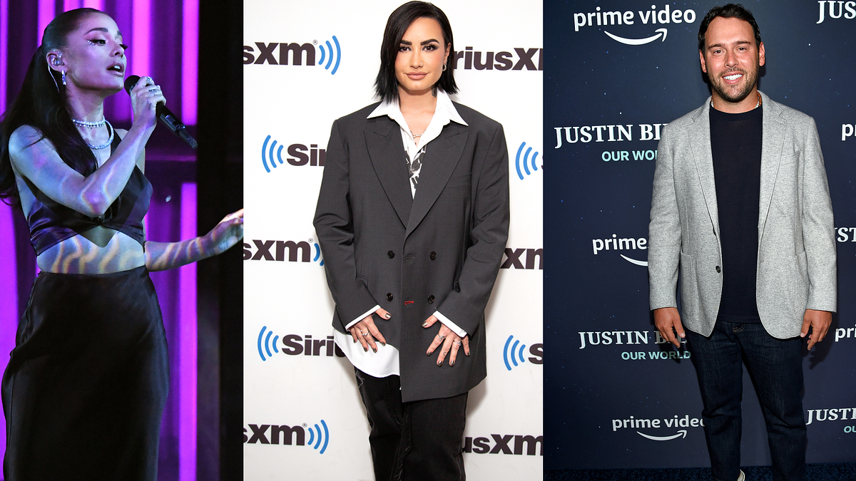 ariana grande, demi lovato, and scooter braun pictured