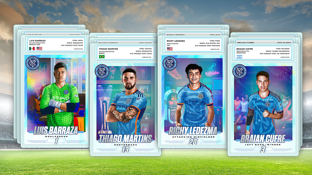 Soccer player cards for Luis Barraza, Thiago Martins, Richy Ledezma, and Braian Cufré, each in NYCFC uniforms, displayed on a field.
