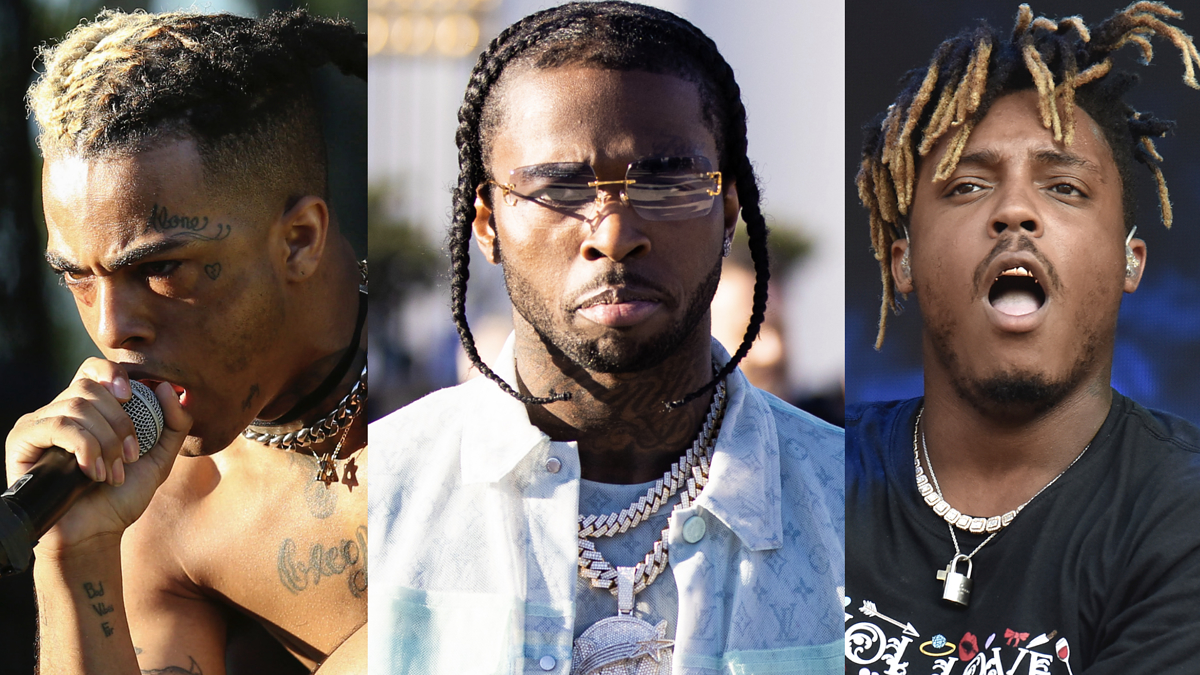 Three rappers: XXXTentacion performing shirtless, Pop Smoke wearing sunglasses and jewelry, and Juice WRLD with dreadlocks on stage.