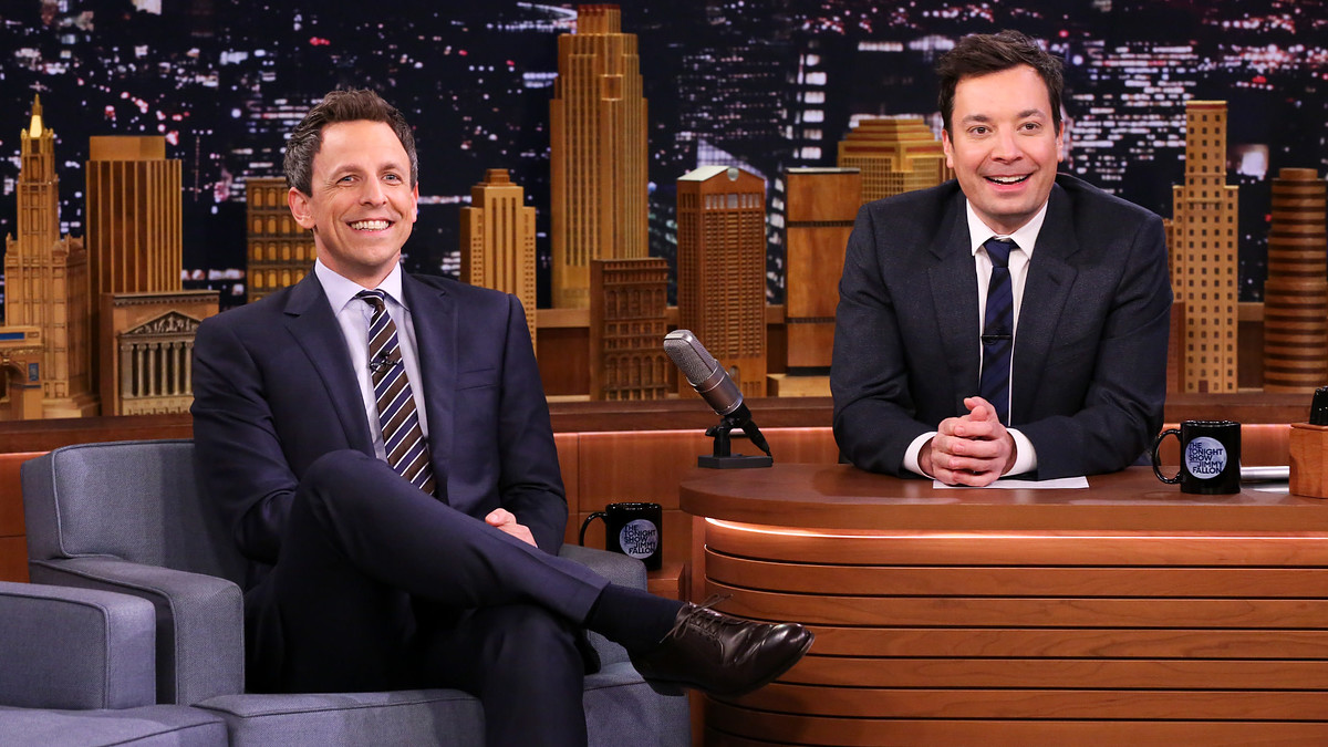Seth Meyers during an interview with host Jimmy Fallon.