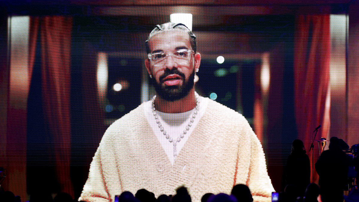 Drake on a screen at the Grammys