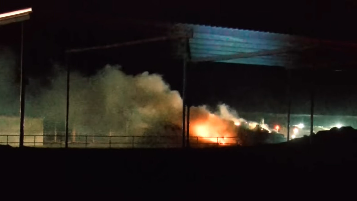 A screenshot from a news report on the fire at South Fork Dairy Farm