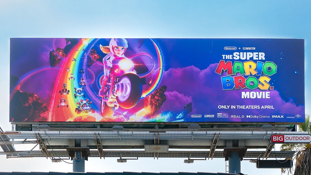 General view of a "Super Mario Bros. Movie" billboard featuring Princess Peach