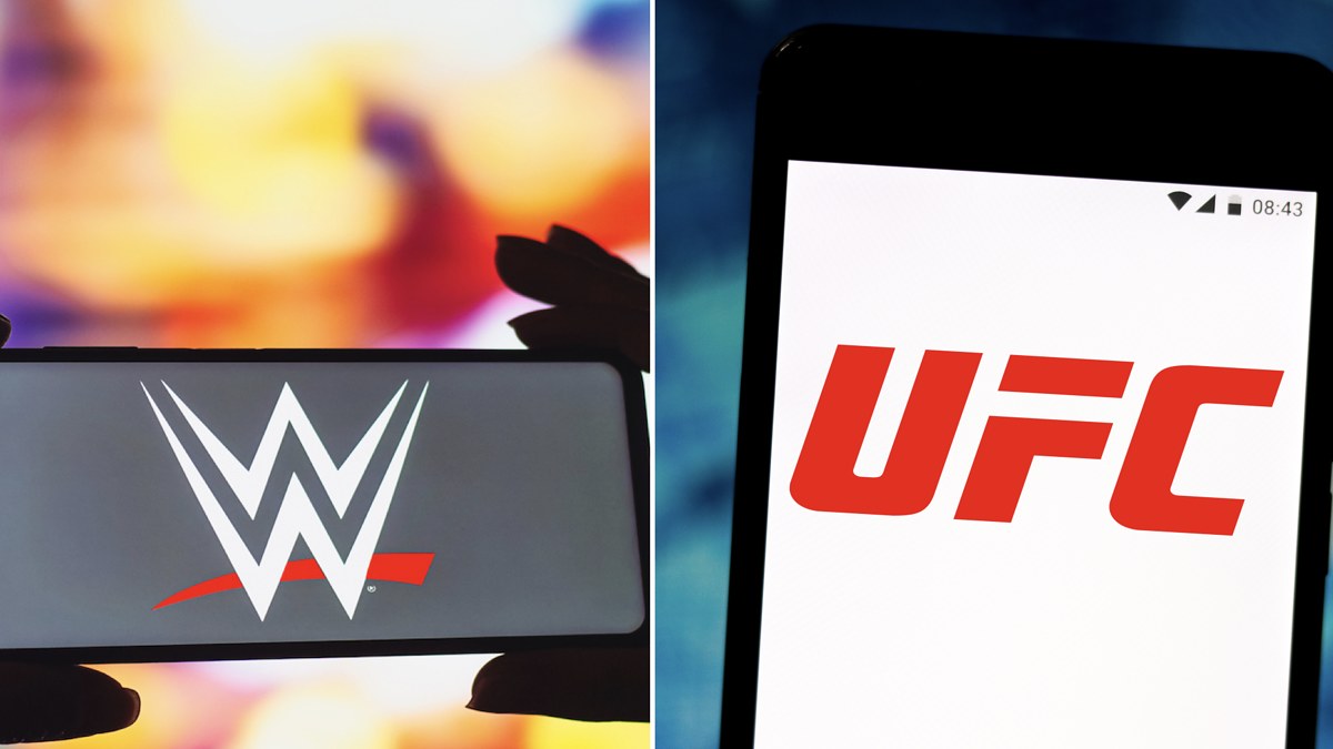 Image of WWE and UFC logo on smartphone screens.