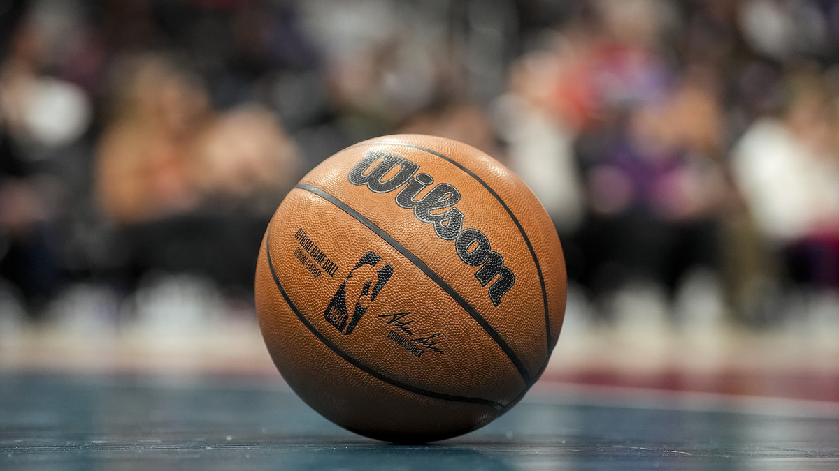 An NBA basketball as seen on the sideline of a game between the Detroit Pistons and Charlotte Hornets