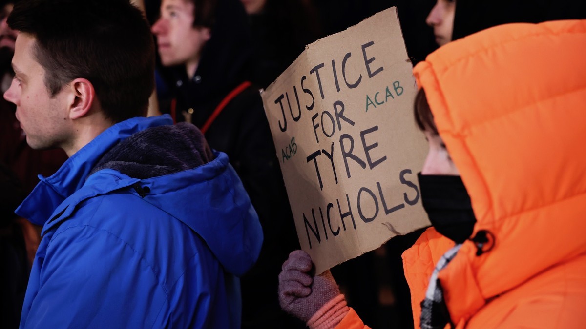 People gather outside Moynihan Train Hall while protesting the death of Tyre Nichols